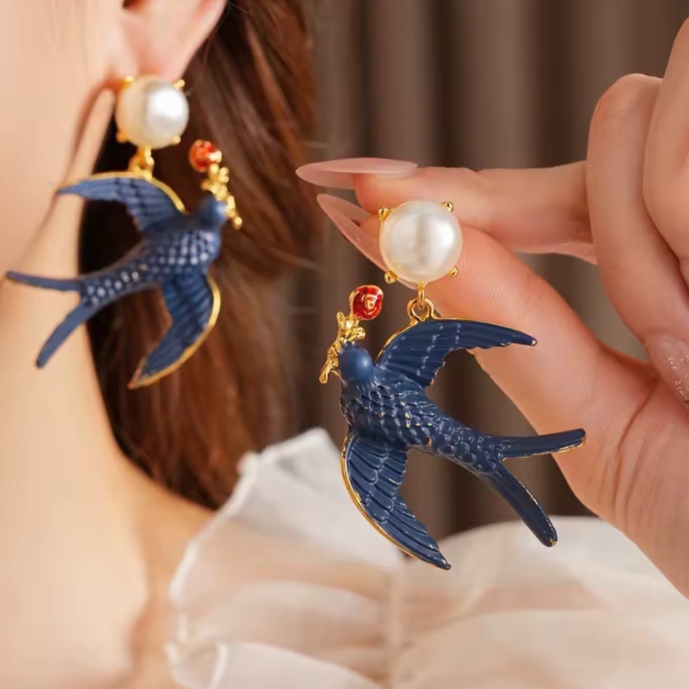 Blue Swallow Pearl Drop Earrings Statement Gold - Picture 4 of 14